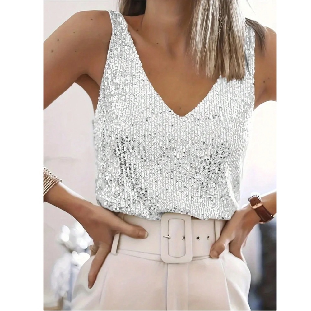 All Over Sequin Silver on White V-Neck Cami Top